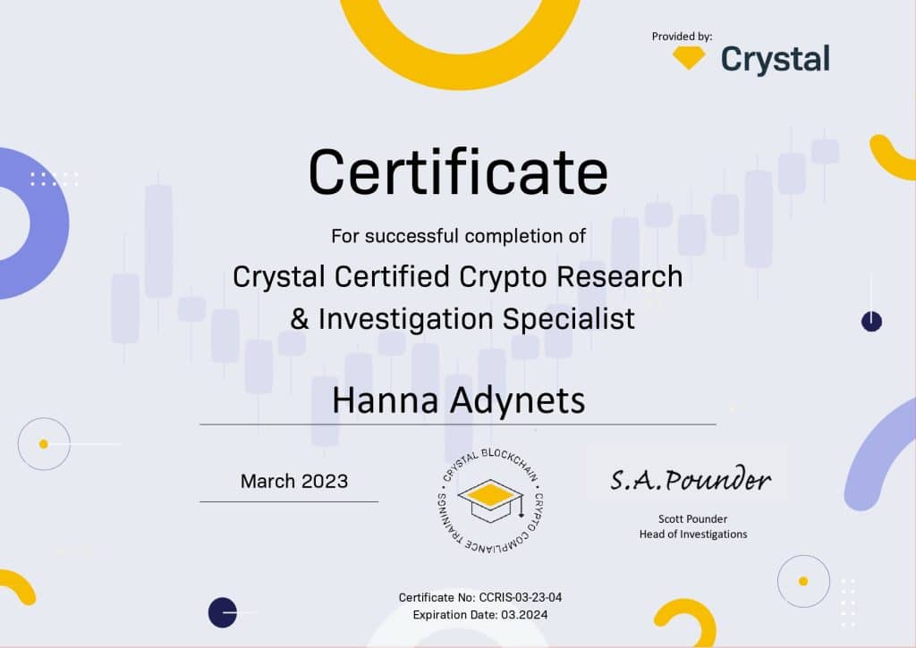Crystal CCRIS certificate issued to Hanna Adynets