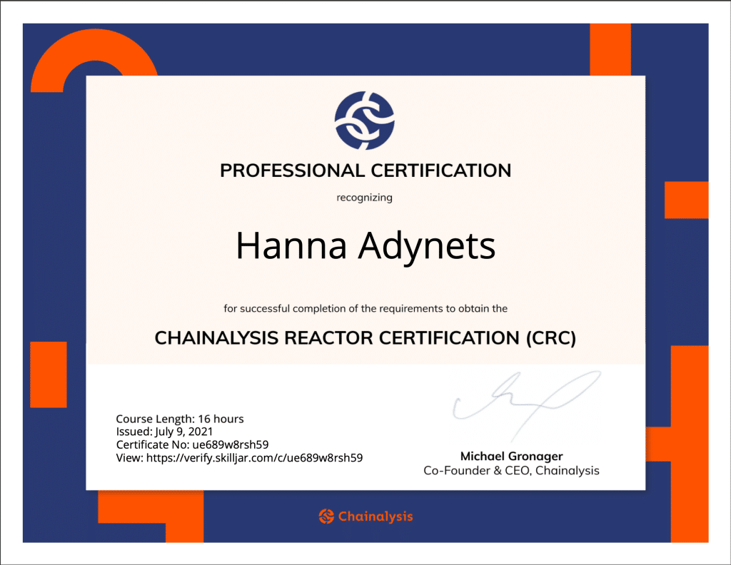 Chainalysis Reactor Certification issued to Hanna Adynets