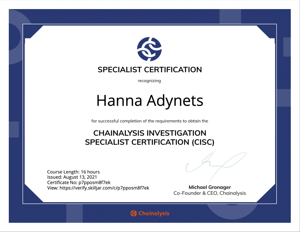 Chainalysis Investigation Specialist Certification issued to Hanna Adynets