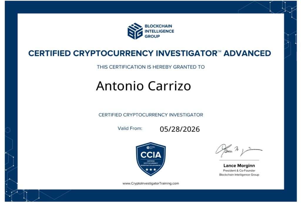 Certified Cryptocurrency Investigator Advanced certificate issued to Antonio Carrizo