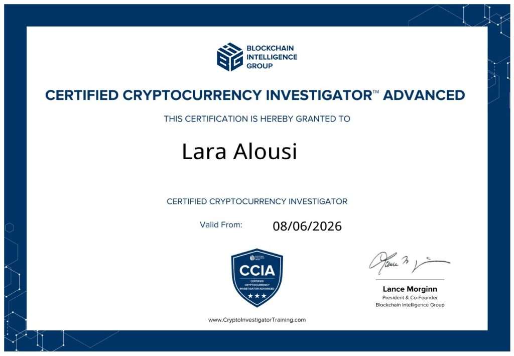 Certified Cryptocurrency Investigator Advanced certificate issued to Lara Alousi