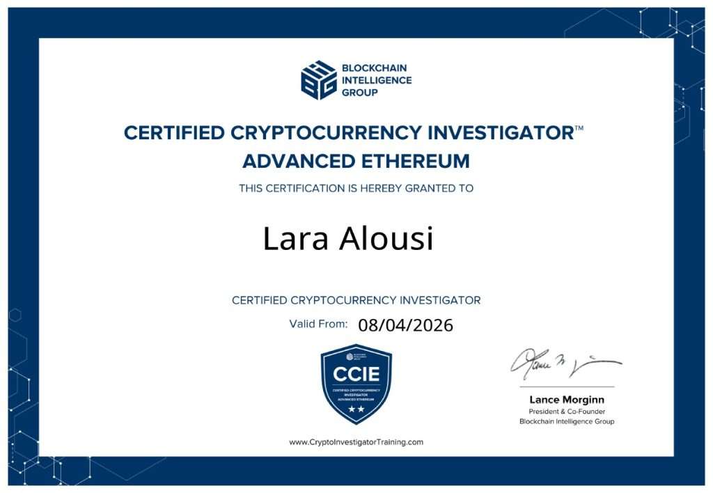 Certified Cryptocurrency Investigator Advanced Ethereum certificate issued to Lara Alousi
